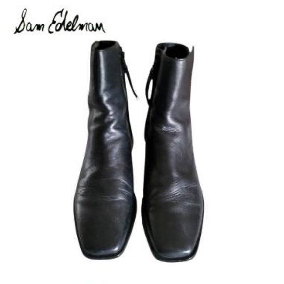 Sam Edelman THATCHER Black Leather Ankle Boot Dress Square Toe Heel Shoe Women 9 - Picture 6 of 13